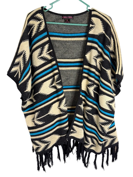 Rock & Roll Cowgirl Sweaters - Rock & Roll Cowgirl Open Front Fringe Poncho - Black, Cream & Blue Size Medium
